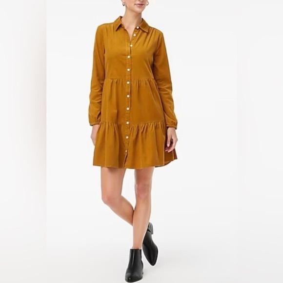 J. Crew Corduroy Mini Shirtdress Yellow Gold Tiered Collared Academia Peasant - Picture 1 of 11